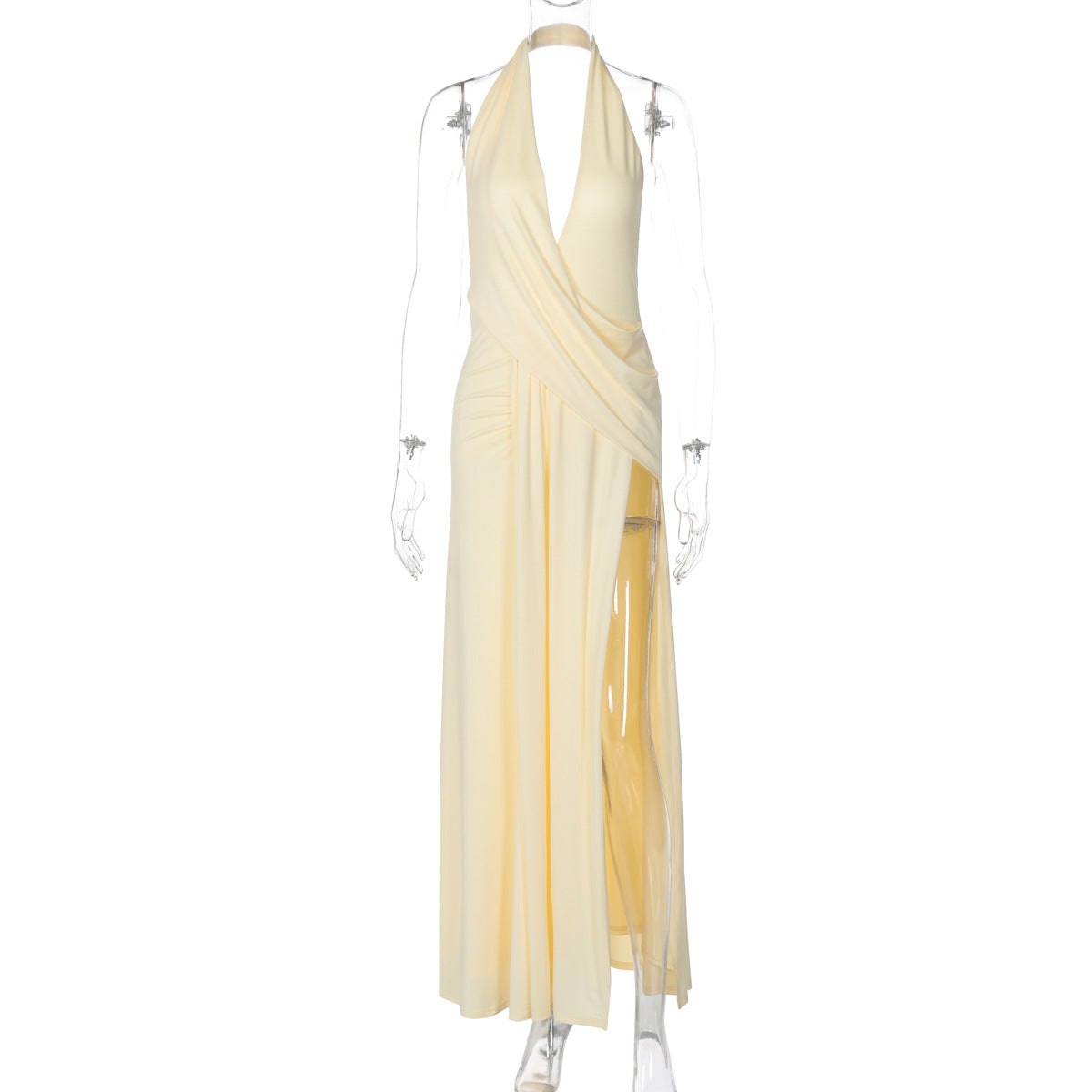 Women Clothing Summer Sexy Deep V Plunge Halter Pleated Backless Irregular Asymmetric Dress Bella Mia