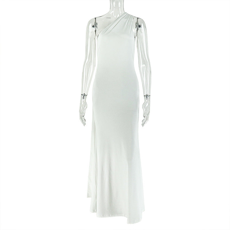 Women Clothing Tied Slim Fit Design Slimming Hip Pleated Diagonal Collar Shoulder Solid Color Length Dress Bella Mia