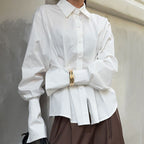 Court White Cotton Shirt Women Light Luxury Pleat Waisted Slim-Fit Long-Sleeved Collared Shirt Bella Mia