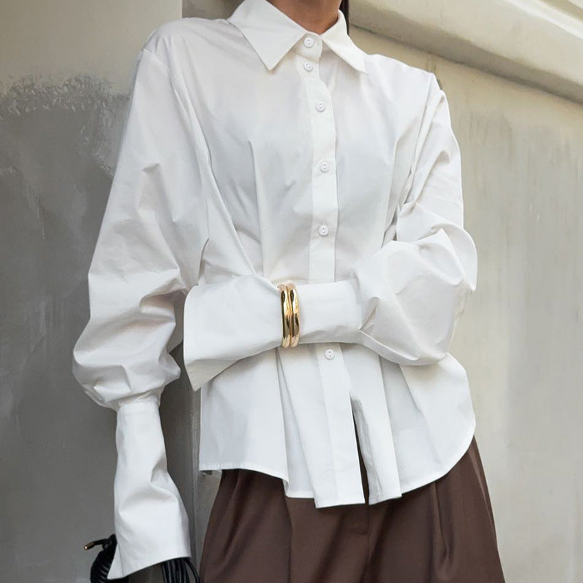 Court White Cotton Shirt Women Light Luxury Pleat Waisted Slim-Fit Long-Sleeved Collared Shirt Bella Mia