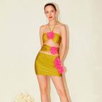 French One Piece Solid Color Women Swimsuit Solid Color Sexy Floral Short Skirt Swimsuit Women Bikini Bella Mia