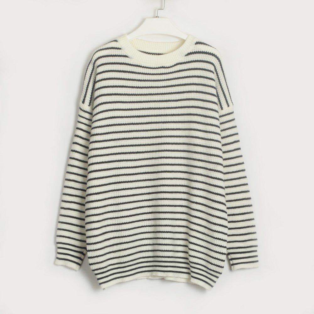 Women Clothing Striped All Matching round Neck T shirt Simple Casual Loose Sweater Bella Mia
