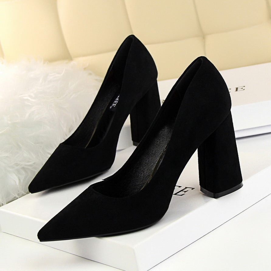 Simple Thick Heel High Heel Suede Shallow Mouth Pointed Toe Business Office Skinny Women Shoes High Heels Pumps