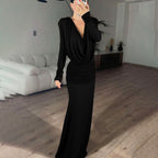 Fall Women Clothing Sexy Backless Swing Collar Slim Pleated Solid Color Long Sleeve Dress Bella Mia