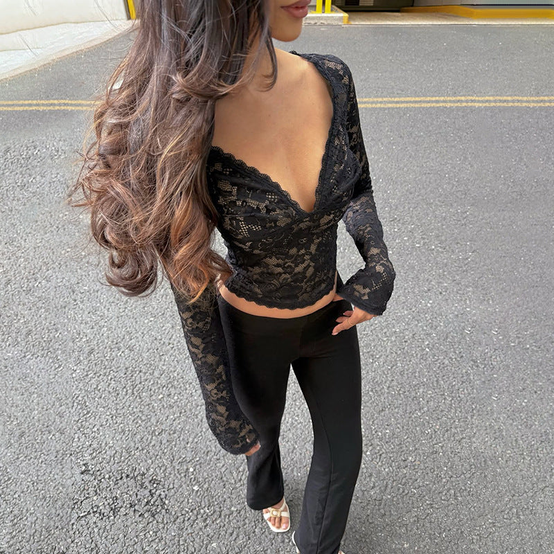 Autumn Sexy Hollow Out Cutout out V neck Lace See through Bottoming Top Bella Mia