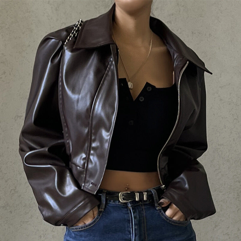 Women Clothing Autumn Retro Collared Zipper Faux Leather Casual Jacket Coat Bella Mia