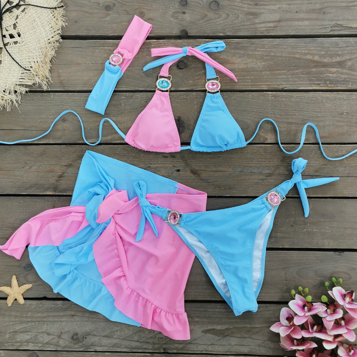 Solid Color Stitching Three Point Bikini Skirt Three Piece Suit Split Swimsuit Women Bella Mia