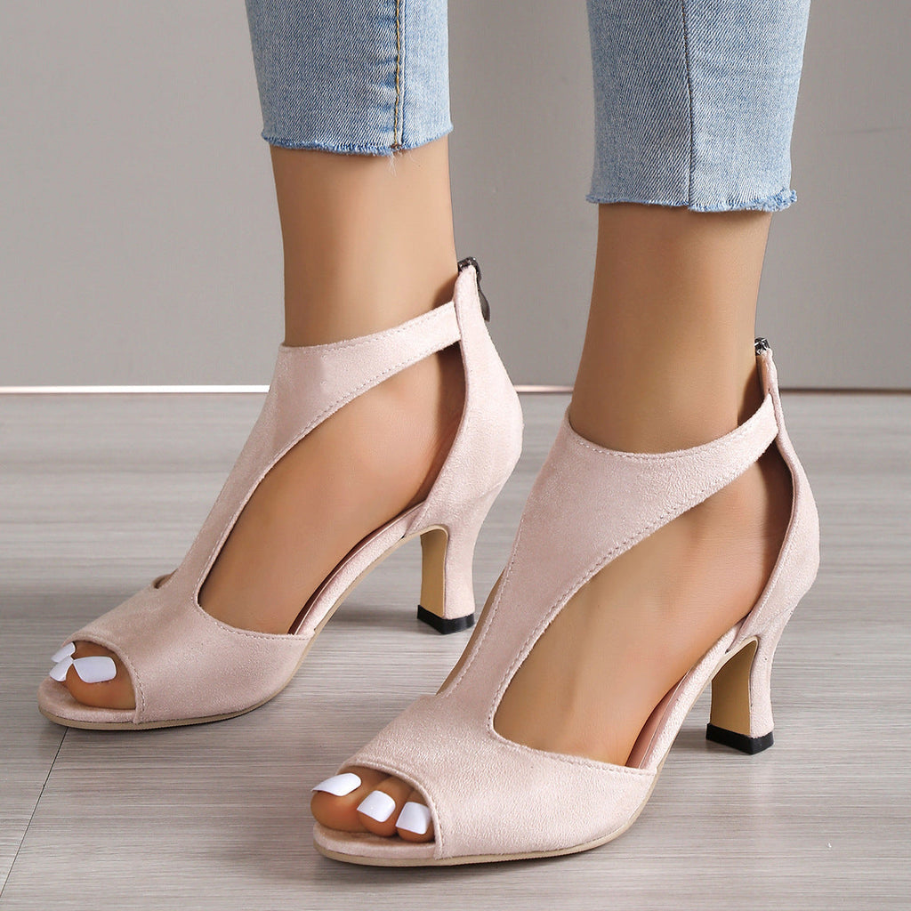 Chunky Heel Suede Fish Mouth Hollowed Sandals Women One Word Bag Heel Open Toed Roman Sandals Bella Mia