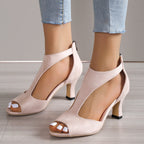 Chunky Heel Suede Fish Mouth Hollowed Sandals Women One Word Bag Heel Open Toed Roman Sandals Bella Mia