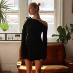 Fall Women Clothing Sexy Diagonal Collar Cold Shoulder Elegant Stitching Tied Long Sleeve Dress Bella Mia