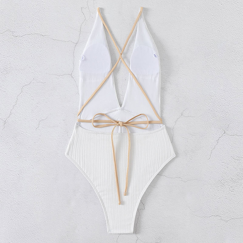Beach Swimwear Solid Color V neck Backless Quick Drying One Piece Swimsuit Bikini Swimwear Women Bella Mia