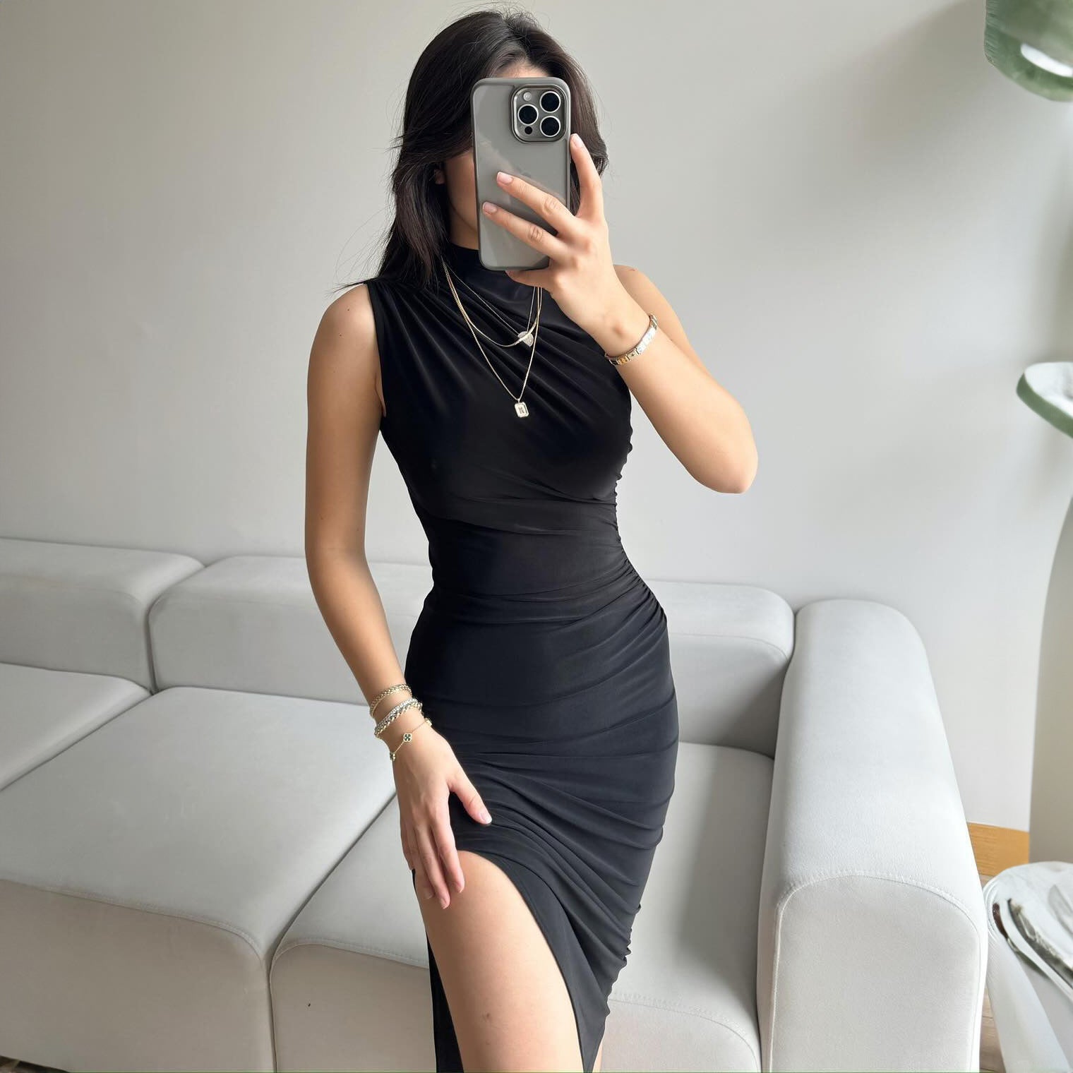 Summer Solid Color Split High Waist Slim Sexy Sleeveless Long Women Clothing Dress Bella Mia