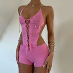 Women Clothing Spring Summer Knitted Sexy Cutout Solid Color Halter Lace up Backless Siamese Shorts Women Bella Mia