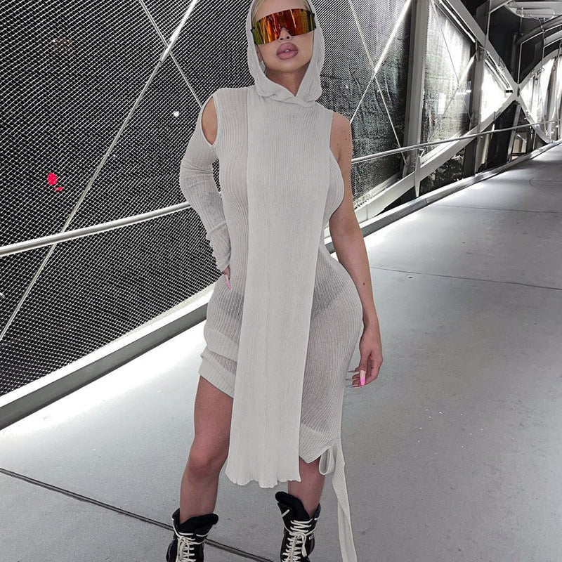 Women Clothing Autumn Fashionable See-through Irregular Asymmetric Shoulder Long Sleeve Hooded Dress Bella Mia