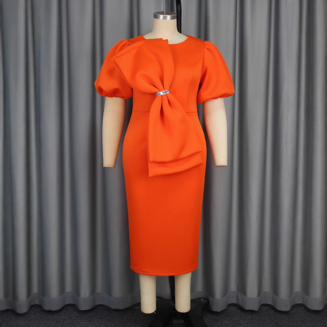 Elegant Puff Sleeve round Neck Dress Bow High Waist Slim Fit Party Evening Dress Bella Mia