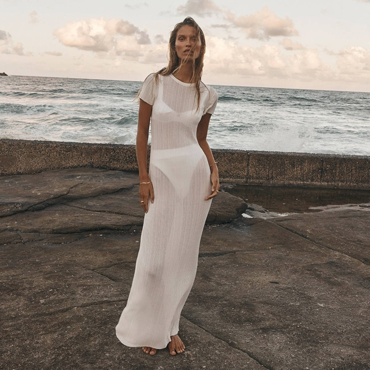 See Through Knitted Dress Casual Waist Tight Round Neck Big Pit Stripe Slimming Knitted Maxi Dress Women Bella Mia