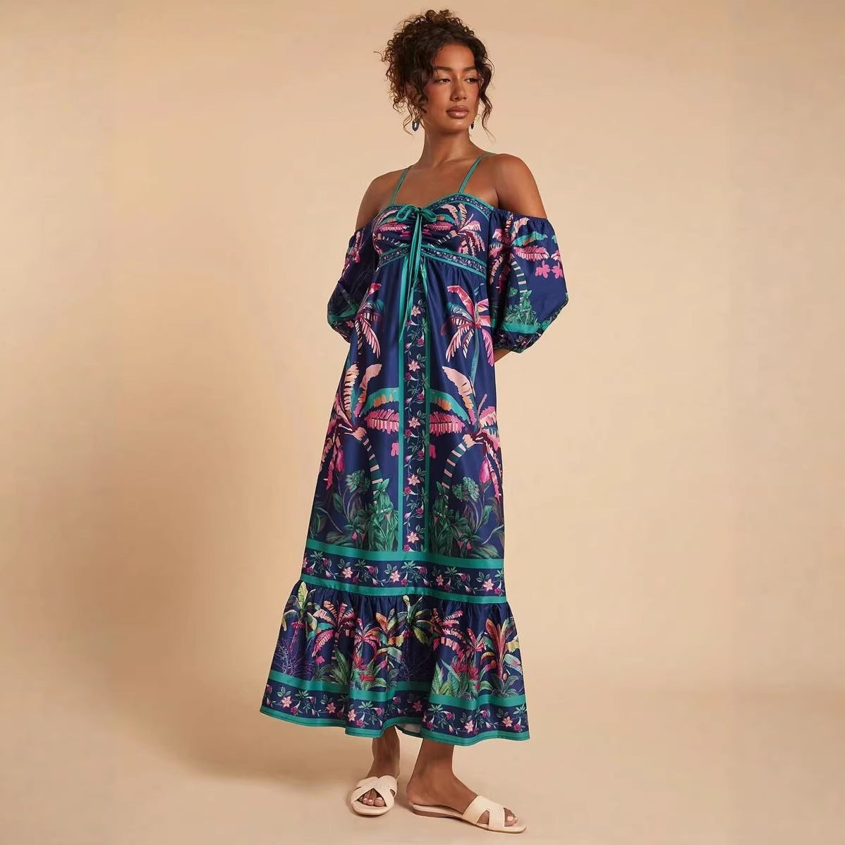 Summer Positioning Printing Sling off Shoulder Dress