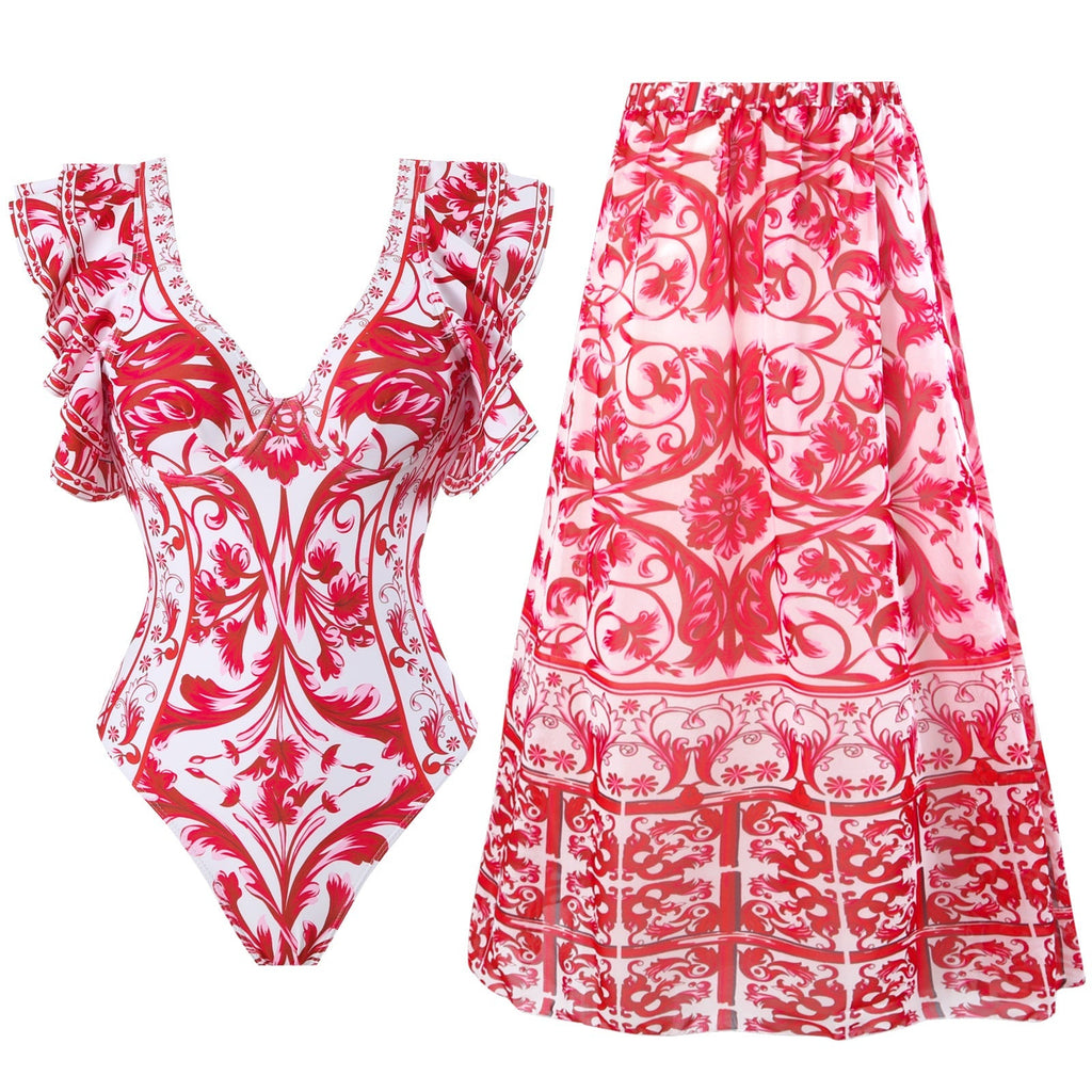Spring Sexy Swimsuit Women Conservative Warm Printed Swimsuit Wrap Skirt Set Bella Mia