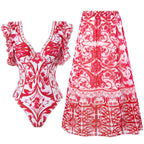 Spring Sexy Swimsuit Women Conservative Warm Printed Swimsuit Wrap Skirt Set Bella Mia