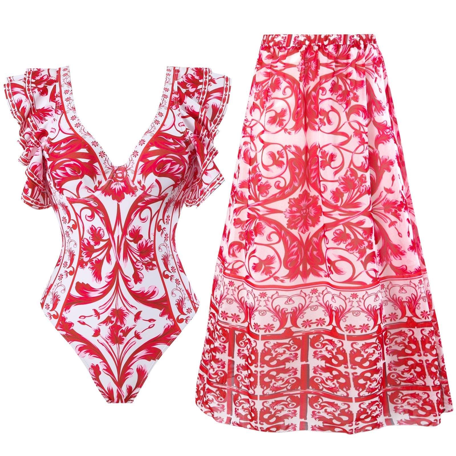 Spring Sexy Swimsuit Women Conservative Warm Printed Swimsuit Wrap Skirt Set Bella Mia