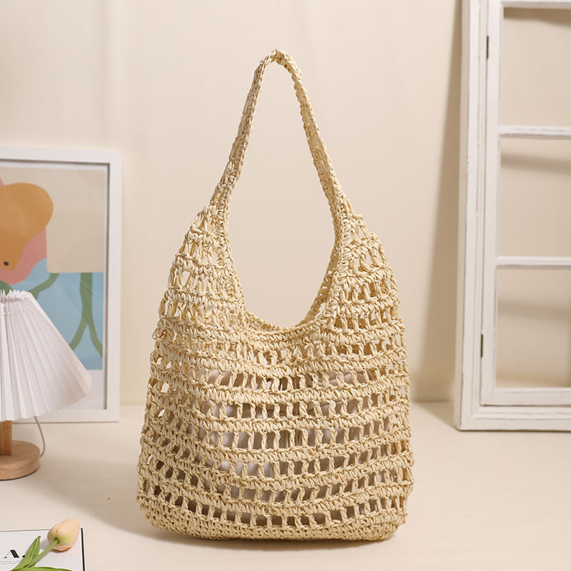 French Large Capacity Shoulder Straw Bag Hollow Out Cutout Tote Portable Straw Bag Woven Bag Seaside Vacation Beach Bag Bella Mia