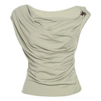 Summer Women Clothing Solid Color Simple Personality Diagonal Collar Sleeveless Cinched Slimming Pullover Women Bella Mia