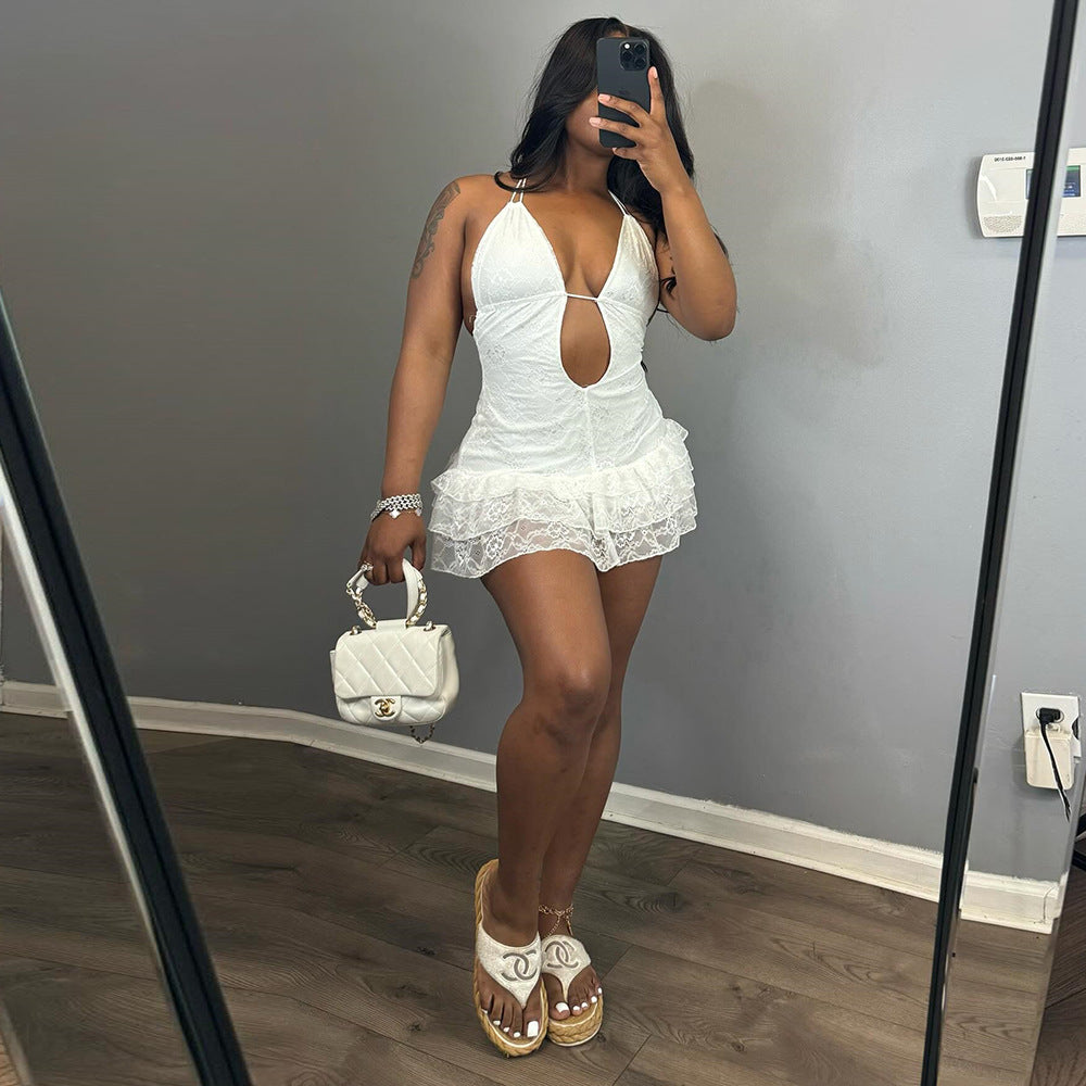 Sexy Women Clothing Dress Autumn Lace up Lace Cake Type Backless Sexy Bella Mia