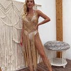Women Crochet Sexy Halter Hollow Out Cutout Long Fringe Solid Color Beach Cover Up Dress Bella Mia