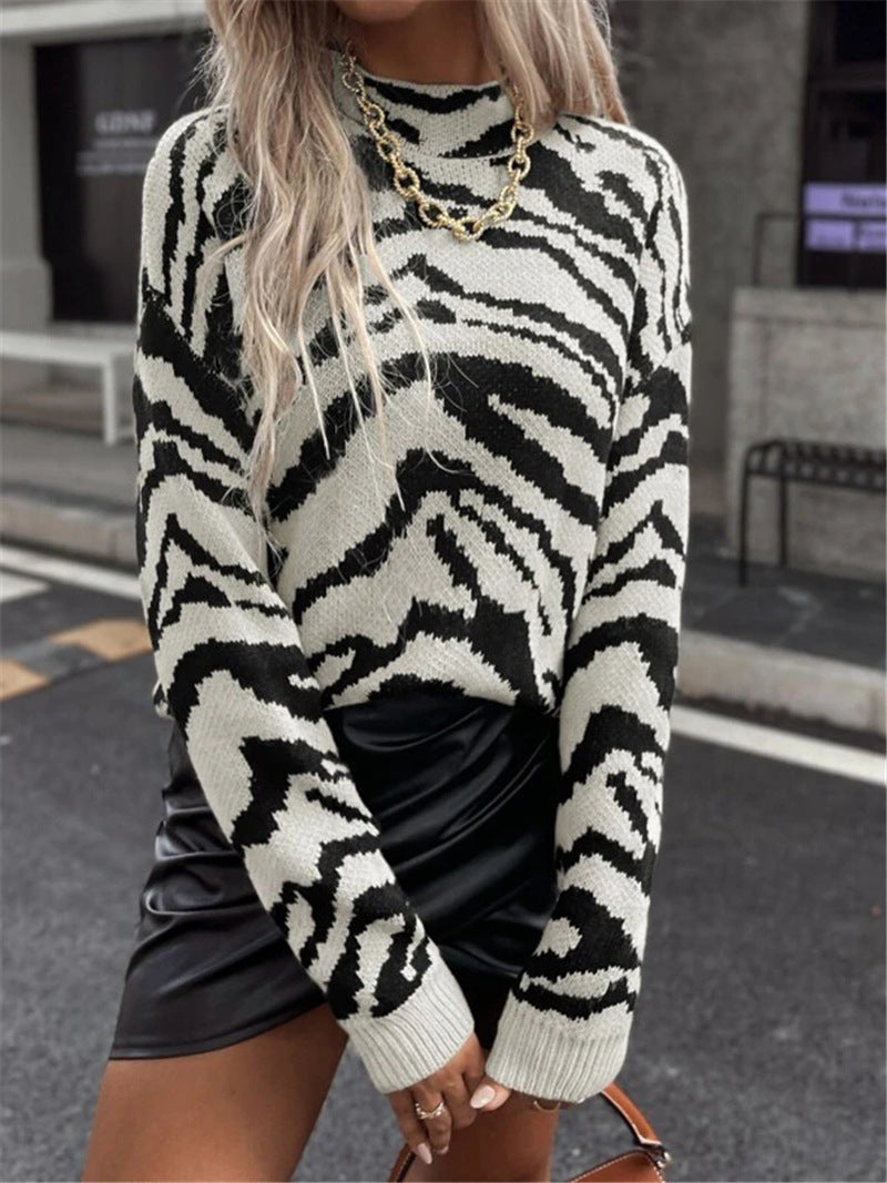 Autumn Winter Essential Loose Pullover Zebra Pattern Knitted Sweater for Women Bella Mia