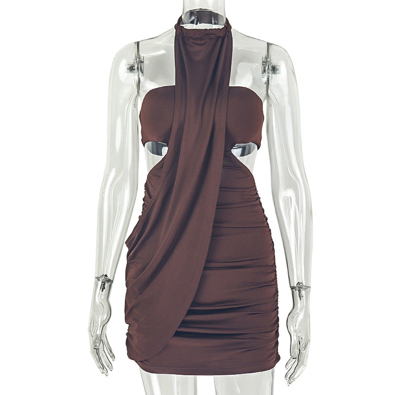 Solid Color Corset Women's Pleated out Asymmetric Hip Skirt Hanging Collar Loose Comfortable Dress