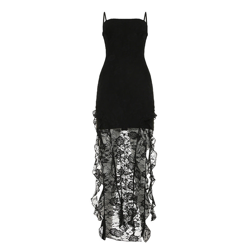 Women Clothing Summer Sexy Lace See through Tube Top off Neck Ribbon Irregular Asymmetric Dress Bella Mia