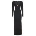 French Sexy Hepburn Niche V neck Metal Buckle Decorative Sexy Slimming Sheath Dress Maxi Dress Bella Mia