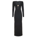 French Sexy Hepburn Niche V neck Metal Buckle Decorative Sexy Slimming Sheath Dress Maxi Dress Bella Mia