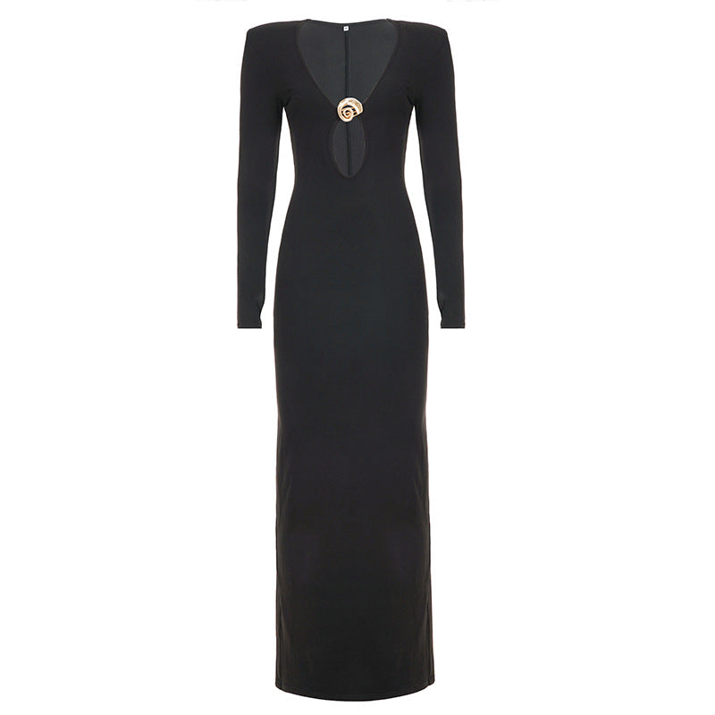French Sexy Hepburn Niche V neck Metal Buckle Decorative Sexy Slimming Sheath Dress Maxi Dress Bella Mia