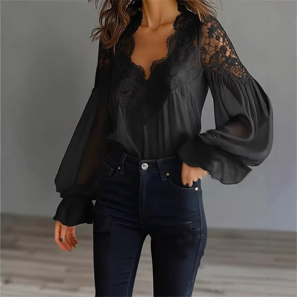 Women Lace Stitching Puff Sleeve Pleated Shirt Bella Mia