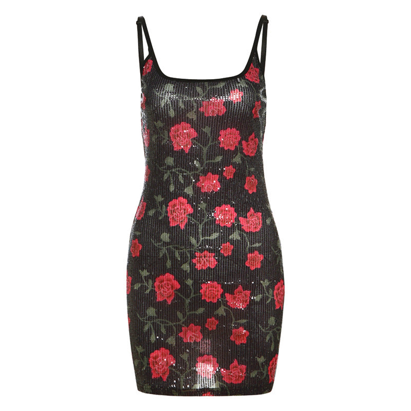 Autumn Winter Sexy Backless Slim Fit Printed Sequin Slip Dress Sexy Hip Bella Mia
