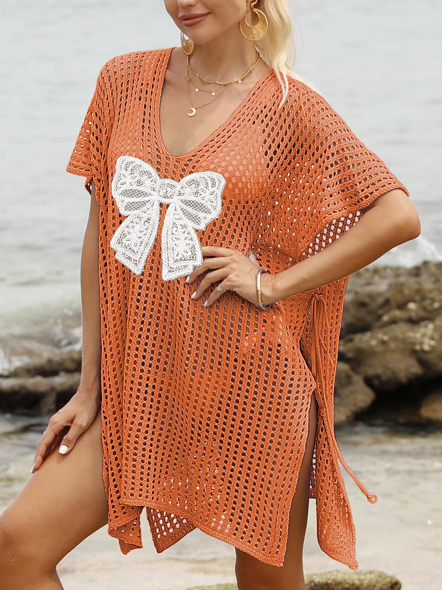 Women Beach Cover Up Lace Butterfly Stitching Woven Shirt Hollow Out Cutout out Strap Beach Dress Bella Mia