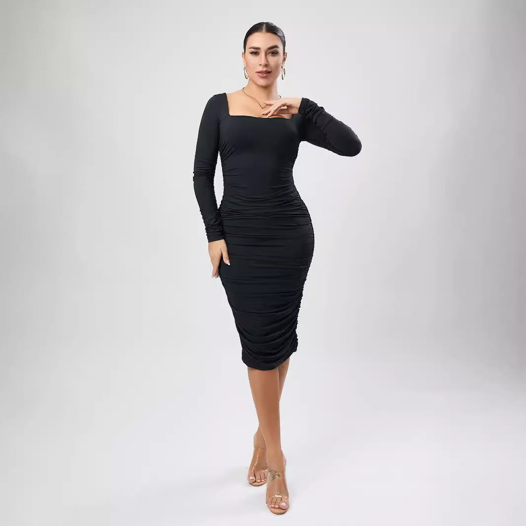 Sexy Stretch Solid Color Square Collar Ruffle Hip Slim Fit Mid Length Dress Bella Mia
