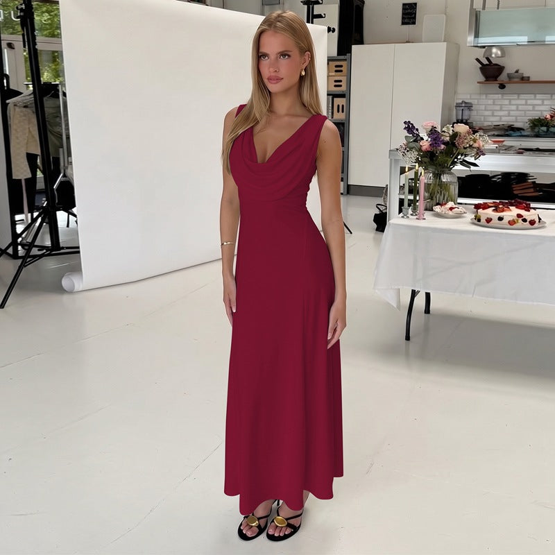 Women Clothing Summer French Low Cut Swing Collar Sleeveless Midi Dress