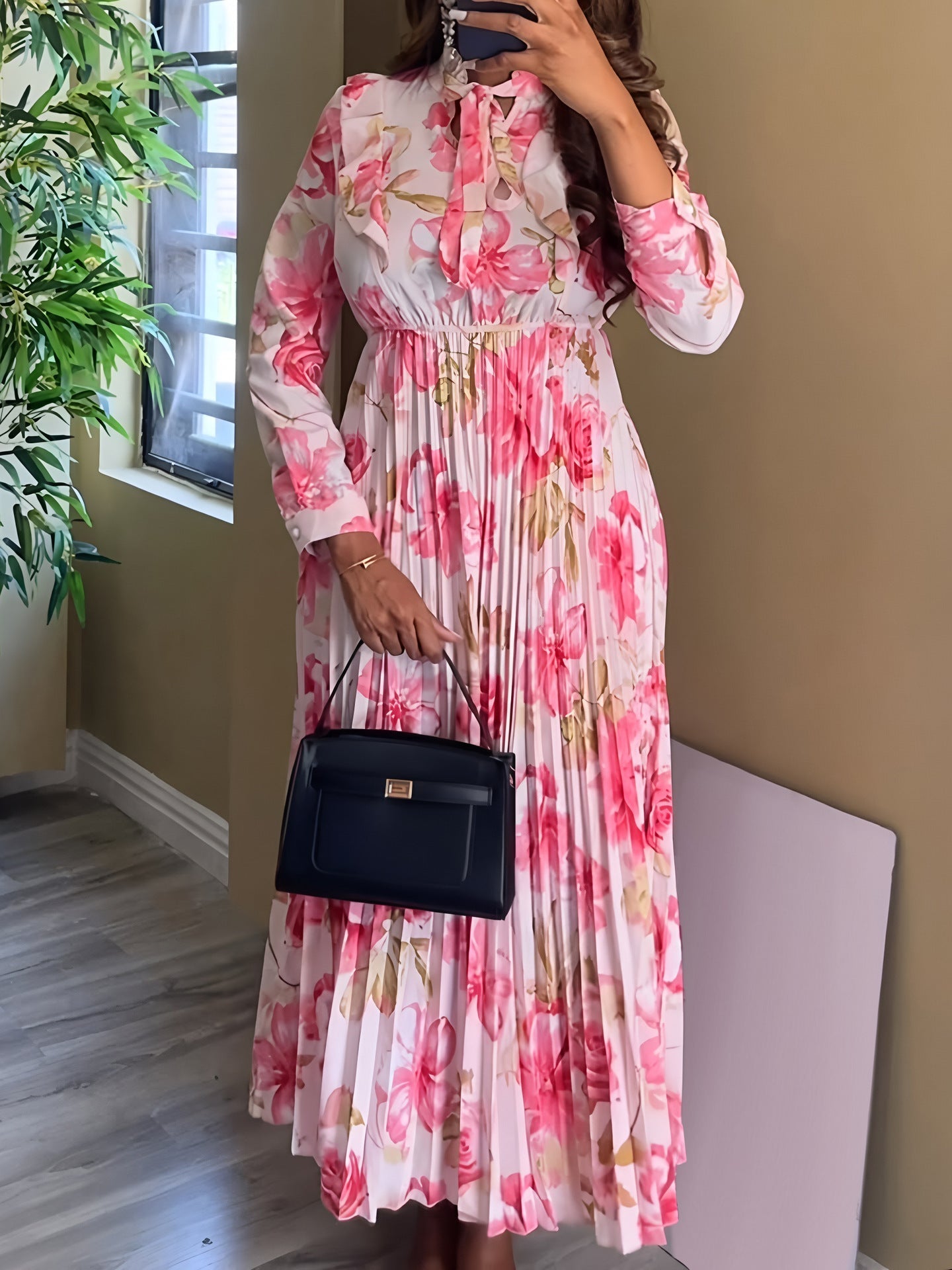 Women Elegant Vacation Waist Trimming Printing Long Sleeve Pleated A line Dress Bella Mia