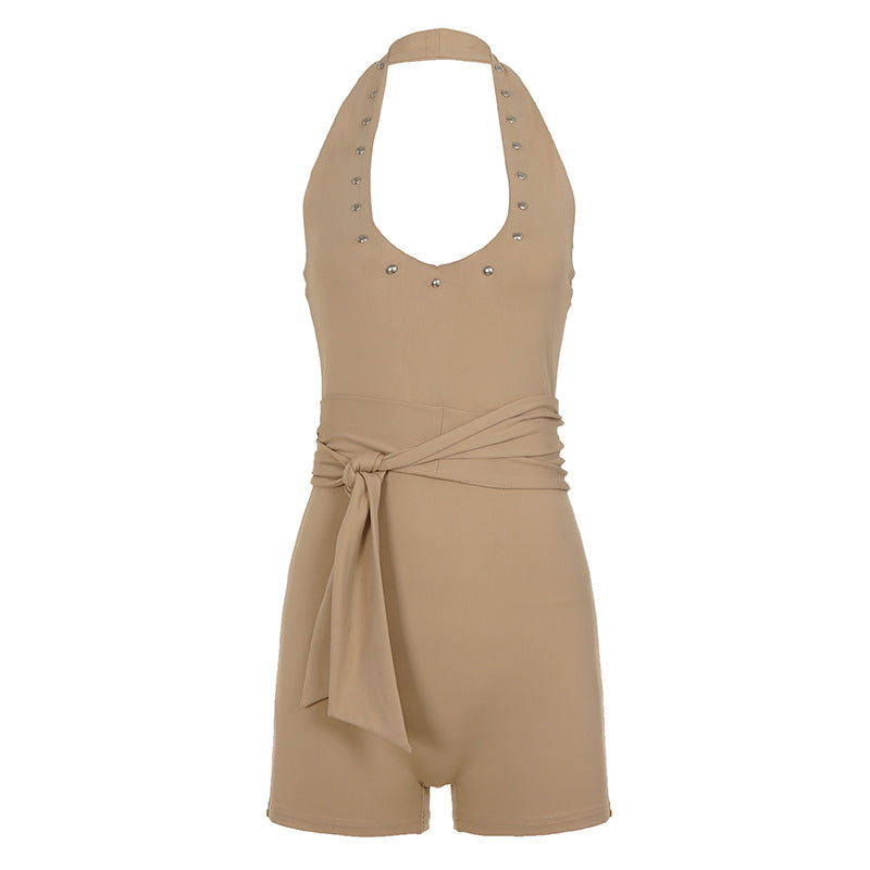 Rivet Halter Women Sports Casual Yoga Workout Clothes Waist Trimming Lace up Slim Fit Slimming Shorts Rompers