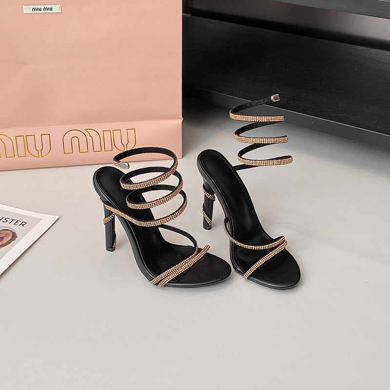 Summer Snake Shaped Rhinestone High Heel Shoes Internet Celebrity Fairy Winding Stiletto Sandals Women Bella Mia