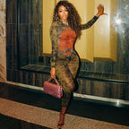 Summer Women Clothing Printed Sexy Mesh High Waist Slim Fit Zipper Long Sleeve Jumpsuit Bella Mia