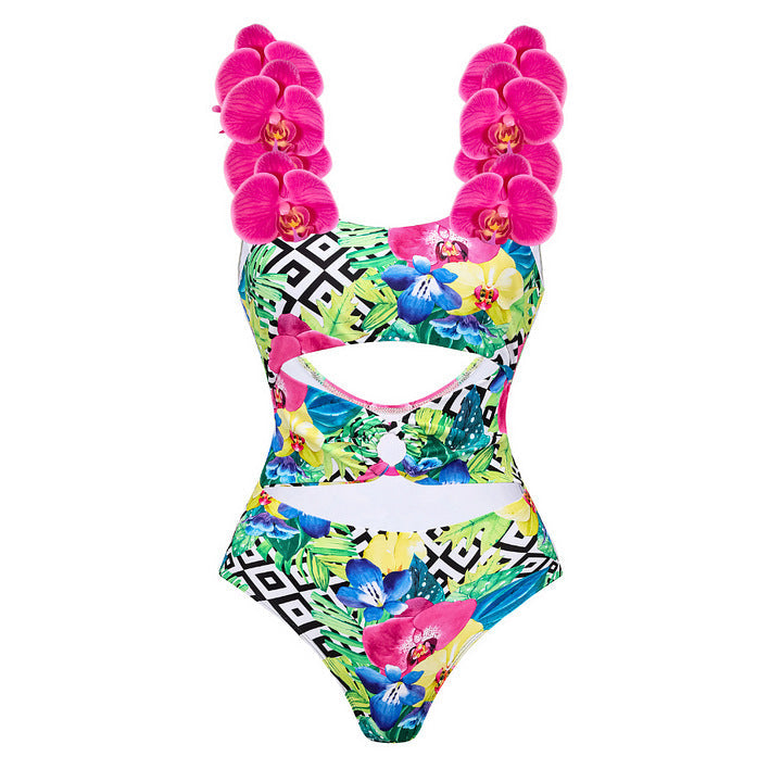 Floral Shoulder Strap Hollow Out Cutout Print One Piece Swimsuit Women Holiday Bella Mia