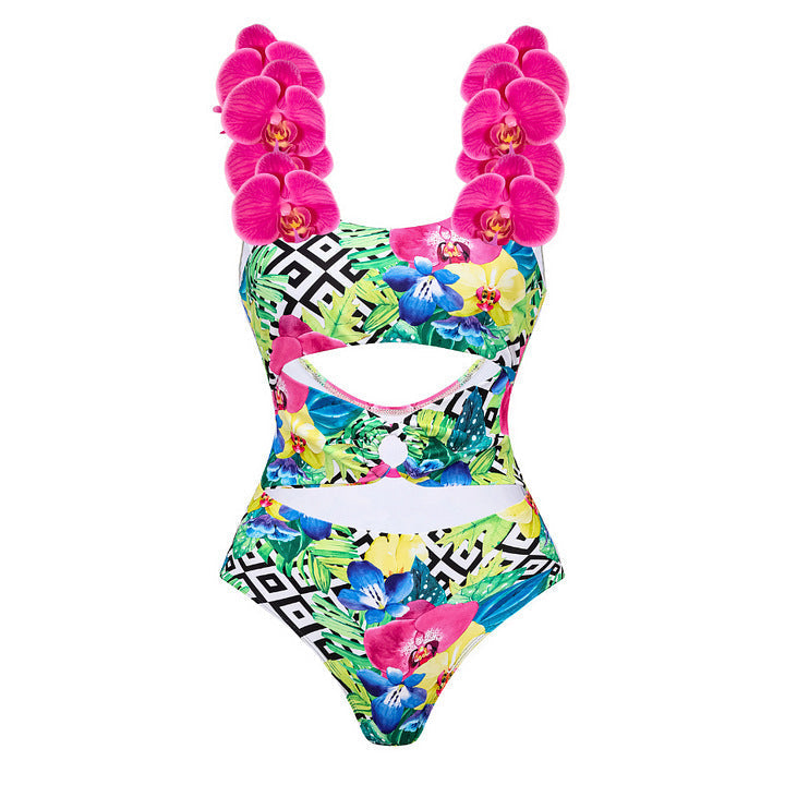Floral Shoulder Strap Hollow Out Cutout Print One Piece Swimsuit Women Holiday Bella Mia