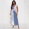 Women Clothes Cool Contrast Color Patchwork Stripes V neck Dress Irregular Asymmetric Cinched A line Dress Bella Mia