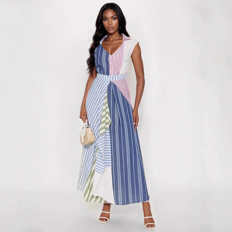 Women Clothes Cool Contrast Color Patchwork Stripes V neck Dress Irregular Asymmetric Cinched A line Dress Bella Mia