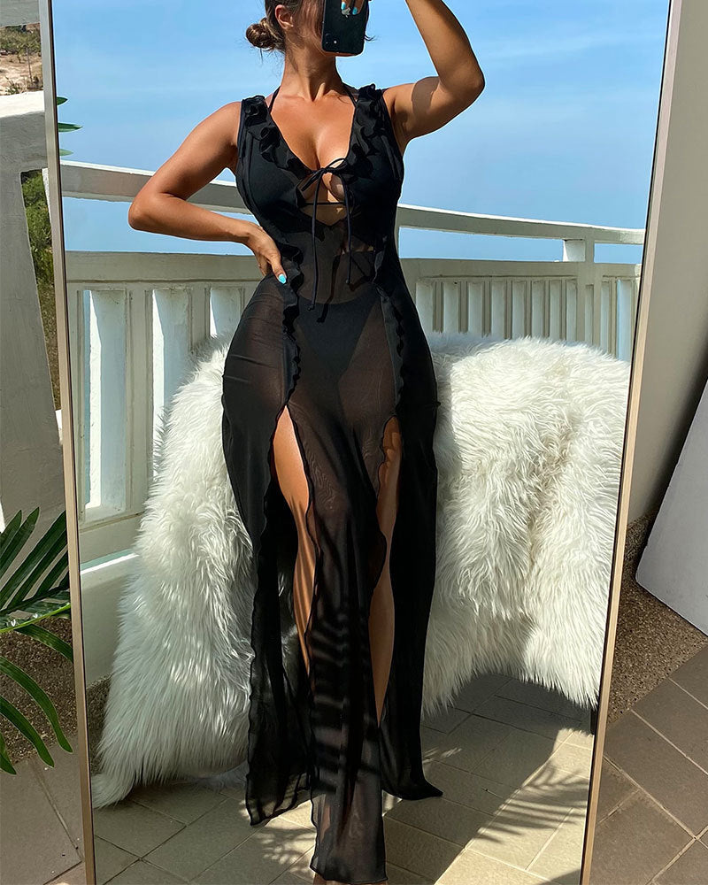 Maxi Dress Beachwear Bikini Strap Sun Protection Mesh Three Piece Swimsuit Women Bella Mia
