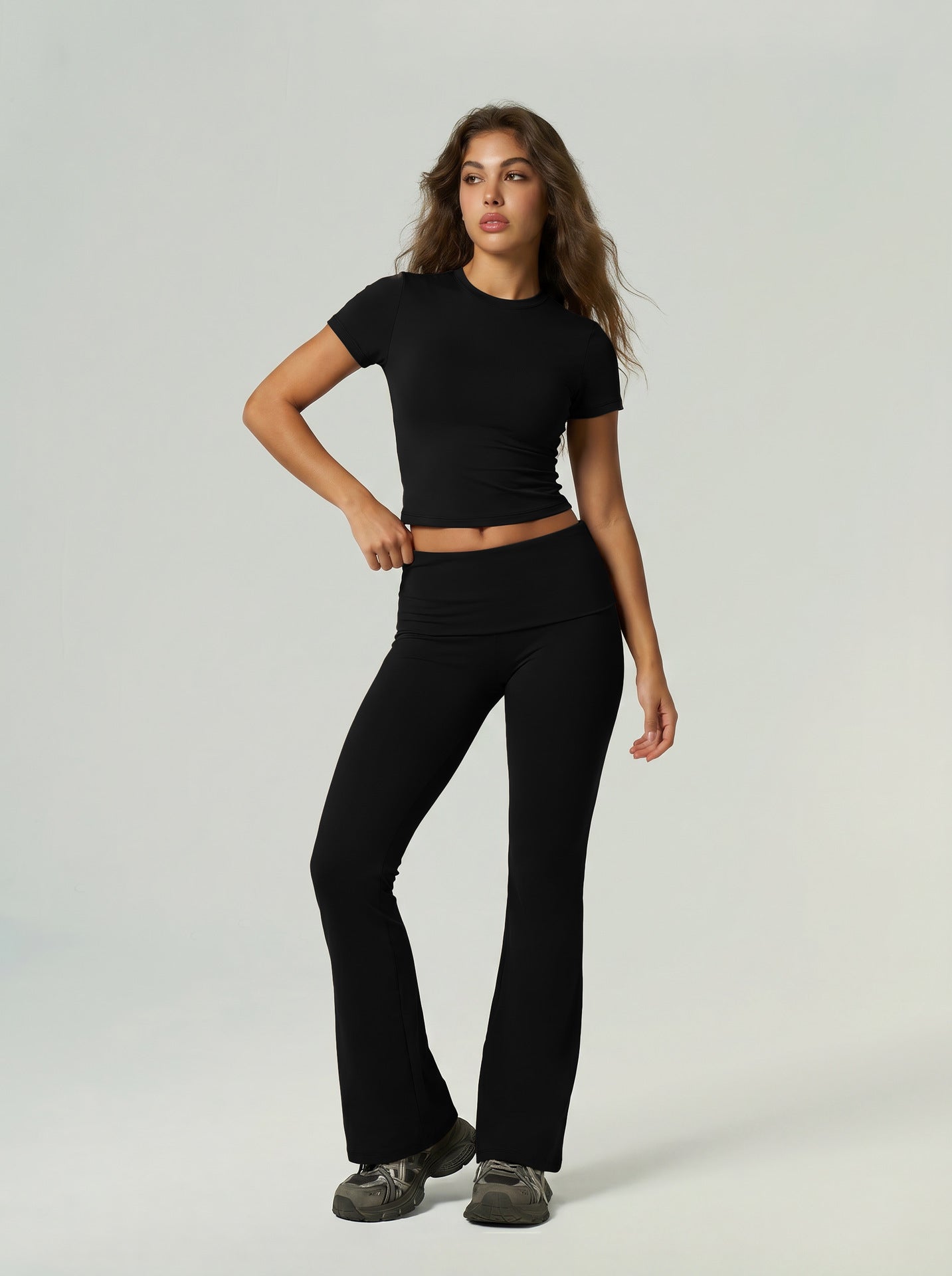 Quick Drying Sports Fitness Wear Short Sleeved Top Long Pants Bell Bottom Pants Tummy Control Butt Lifting Yoga Set