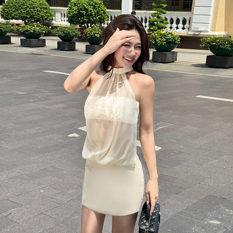 Sexy Mesh See through Stitching Spring Sleeveless Halter Hip Dress Bella Mia